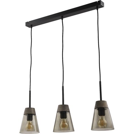 Lampada sospensione DOMINO nero vetro fumé legno 3xE27