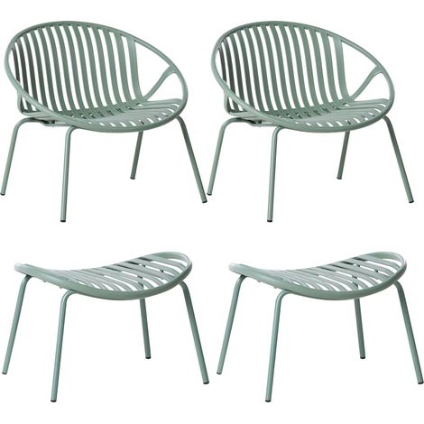 Set of 2 Garden Chairs with Footstools Green Plastic Seats Steel Legs UV Resistant Retro Style CASPERIA