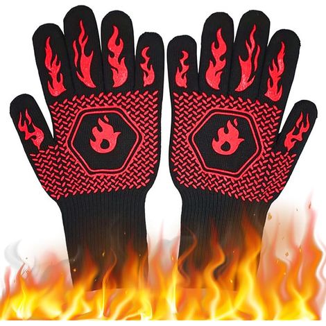 Gant Barbecue Anti Chaleur Jusqu'à 800° Gants de Barbecue Gant Cheminée Anti Feu Gant Four pour BBQ Grill Cuisson Soudage Cheminée (Noir) (1/5)