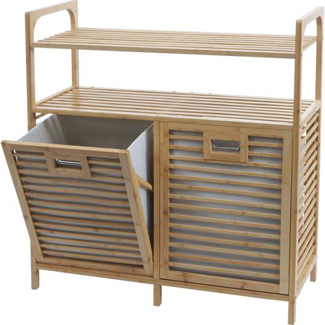 Armoire de salle de bain en bambou HWC-N83 étagère, 2 paniersàlinge, certifiée FSCé 88x81x (1/5)