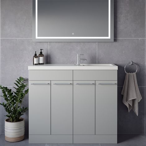 Napoli 250 Gloss Grey Pearl 1000mm 4 Door Vanity Unit with Square Silvo Basin - 1000mm - Chrome 160mm Handle