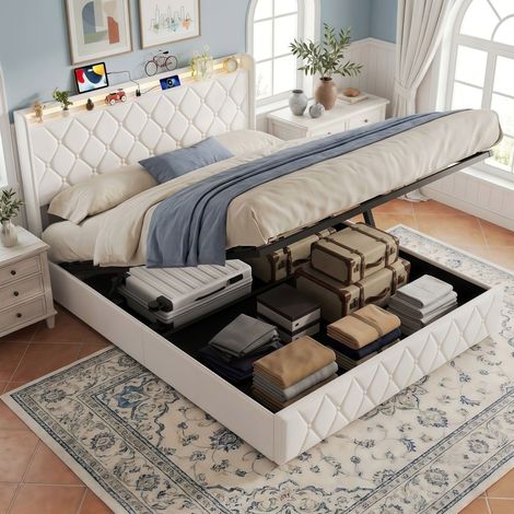 Lit Coffre 160x200 cm en Velours - Lit Double Adulte avec LED RGB, Station de Charge USB, Tête de Lit Capitonnée et Sommier à Lattes - Beige (1/5)
