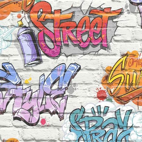 Graffiti Wallpaper Brick Effect Slate Stone Urban Street Modern Metallic Muriva (1/4)