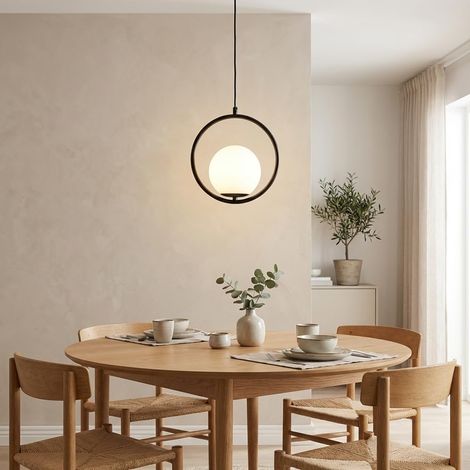 LED BarcelonaLED Plafonnier avec Abat-Jour Boule en Verre Opaque Moderne et Élégant avec Support Noir et Douille E27 pour Chambre Salon Salle à Manger
