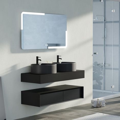 Distribain – Meuble double vasque suspendu 120cm noir mat – 2 tiroirs avec ouverture push-open – Vasques en céramique résistantes aux rayures