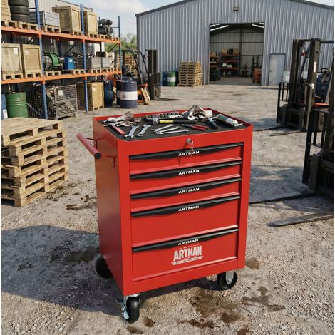 Fahrbarer Metall-Werkzeugschrank mit 5 Schubladen, 508 mm (20 Zoll) Werkzeugschrank mit 5 Schubladen und kugelgelagerten Schubladenführungen, organisierende Stahl-Werkzeugbox – rot-schwarz (1/5)