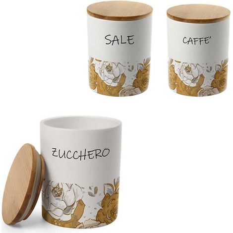 TRIS ROSE TONDO SALE. ZUCCHERO E CAFFÈ IN CERAMICA CON TAPPO IN LEGNO 10X13 CM