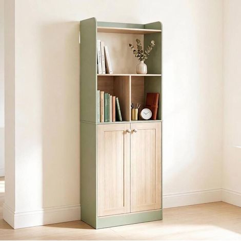 Libreria alta moderna in legno e MDF verde con vetrina e armadio (1/5)