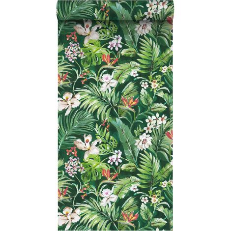 papier peint intissé XXL feuilles et fleurs tropicales vert émeraude - ESTAhome (1/5)