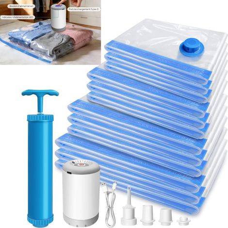 Vacuum storage bags of various sizes with rechargeable electric pump for clothes and bedding.