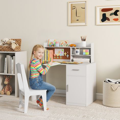 Blanc - Bureau chaise enfant 3–12 ans, étagères placard tiroir tableau, bois, rangement, étude chambre, 80x50x75 cm