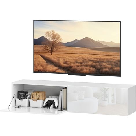 Meuble TV mural/support TV pour téléviseurs jusqu'à 65 pouces, table basse/table TV de 140 cm avec espace de rangement, meuble TV pour salon, blanc (1/5)
