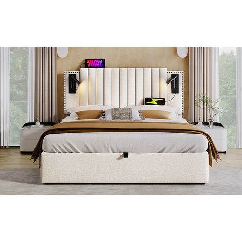 Polsterbett 180x200 cm Beige mit Stauraum, USB und Leselicht, ohne Matratze (1/5)