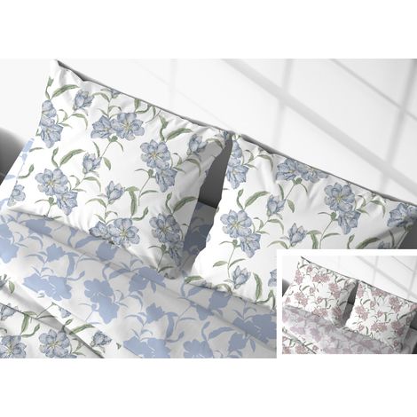 Coppia Federe Cuscino Letto Bottoni Laterali 100% Cotone Disegno Magnolia GI, misuraFederecoloreAzzurro (1/5)