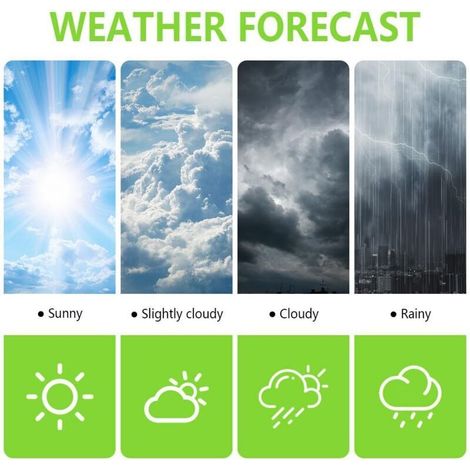 Station météo avec affichage 12/24h, réveil avec fonction snooze, prévisions météo 8h, mesure humidité 20-95% HR, enregistrement températures et humidité max/min intérieur/extérieur. (1/3)