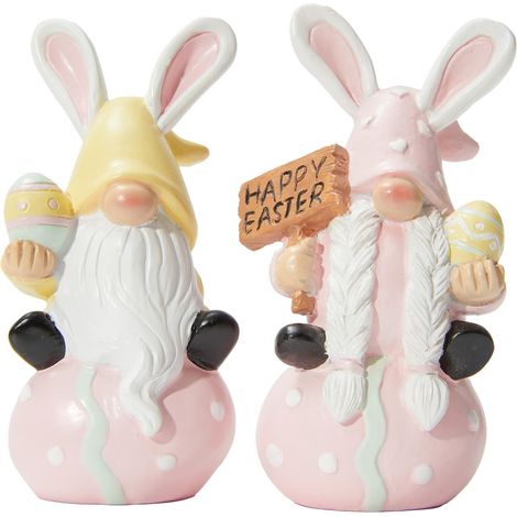 Lot de 2 figurines de lutin de Pâques en résine avec œuf à pois et bouclier, jolie décoration de printemps pour table, cheminée, étagère, rose pastel et jaune (1/5)