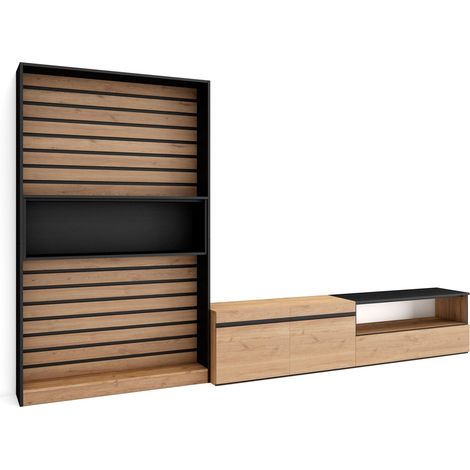 Skraut Home - Mobile Soggiorno TV, Parete Attrezzata Soggiorno, 310x186x35cm, Per TV fino a 80", Set di mobili, Stile moderno, Rovere e nero (1/5)