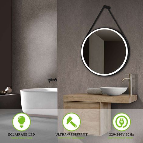 Miroir de Salle de Bains Lumineux Éclairage Intégré Led Frontal Rond Ø60CM Cadre Noir Mat et Courroie, CRISTALED Ultra (1/5)