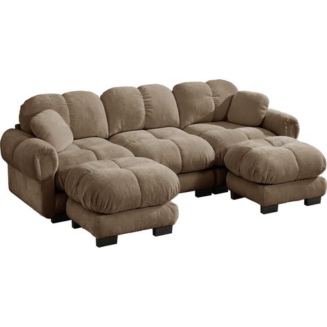 Divano panoramico a U a 3 posti, modulare con pouf mobile e cuscino, ciniglia, marrone, 260 x 149 x 90 cm (1/5)