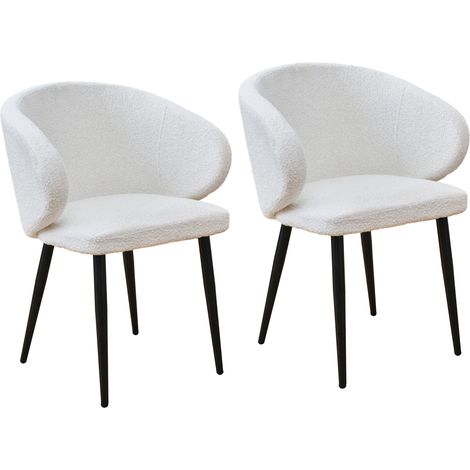 Svita – Lot de 2 chaises de salle à manger avec accoudoirs – Teddybouclé blanc – Dossier incurvé – Hauteur d'assise 50 cm – Pieds en métal (1/5)