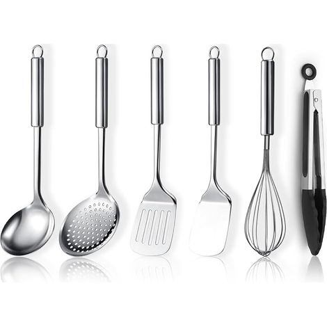 Dieses 6-teilige Küchenutensilien-Set aus Edelstahl umfasst ein Set Metallspatel, eine Schaumkelle, eine Schöpfkelle, eine Zange, einen Schneebesen und weitere unverzichtbare Küchenhelfer. (1/5)