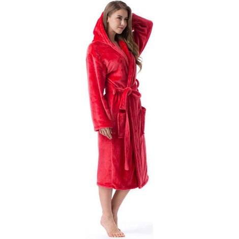 Peignoir d'intérieur et de bain à capuche pour adulte – Flanelle douce et absorbante – Rouge XXL avec 2 poches et ceinture (1/5)
