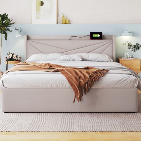 Boîte à lit avec USB Type C Chargement de la tête, Stauraumbetten Chassis de lit en lin Jeunesse lit 160x200 avec lattenrost (avec matelas) (1/5)