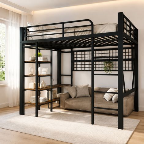Cama alta 140x200 cm negra con LED, estante y rejilla de almacenaje (1/5)