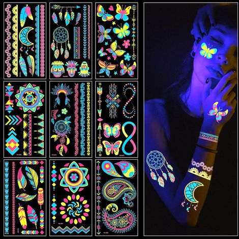 Set di 9 tatuaggi temporanei al neon impermeabili e fosforescenti per donne e ragazze - Oltre 200 disegni