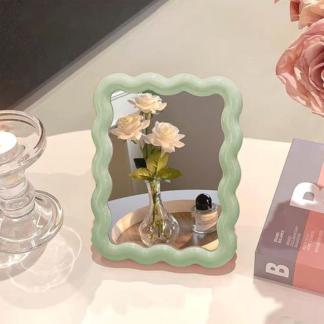 Espejo de mesa/maquillaje plegable y portátil con forma de ola, ideal para viajar y para colocar sobre una superficie o colgar. Decoración para el hogar.