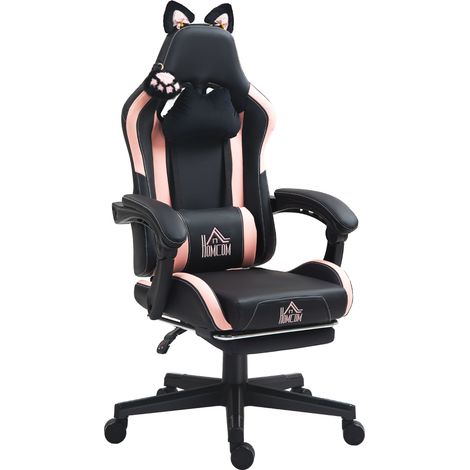 Ergonomischer Gaming-Stuhl mit Katzenohren-Design, verstellbarer Gaming-Stuhl, 65 x 62 x 124 cm, schwarz