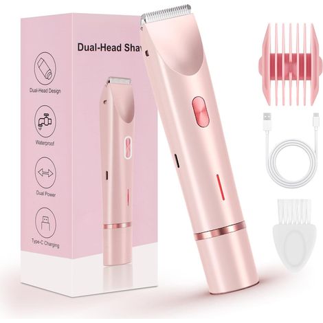 Rasoir bikini Dermave, tondeuse bikini pour femmes, Rasoir électrique double tête 2 en 1 étanche et indolore pour poils pubiens (rose) (1/5)