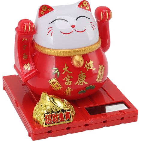 Chat rouge dodu agitant la main, alimenté à l'énergie solaire, porte-bonheur et symbole de richesse, décoration pour la maison, le bureau ou un bureau (grand format). (1/5)