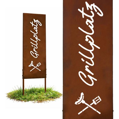 Relaxdays Décoration de jardin fer rouillé 'Grillplatz' HxL 85x28 cm, piquet résistant aux intempéries, rustique, brun