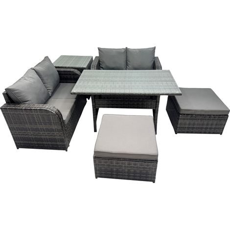Fimous Wicker PE Rattan Garden Outdoor Furniture Set Love Sofa Dining Table Sets with Side Table 2 Big Stools Dark Grey Mixed (1/5)