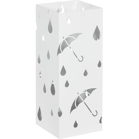 Porte-parapluie blanc acier 4 crochets avec bac égouttoir, design épuré pour entrée ou bureau. (1/5)