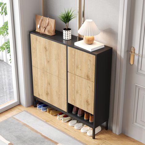 Mueble zapatero con banco, 3 abattants, almacenamiento abierto, negro y madera HAVRYA (1/5)