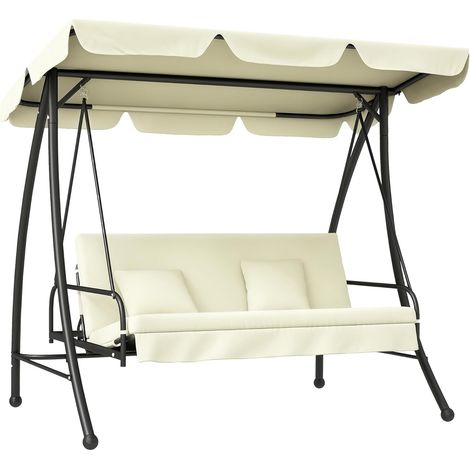 2 in 1 Hollywoodschaukel mit Liegefunktion 3-Sitzer Gartenschaukel mit verstellbarem Sonnendach, Schaukelbank belast bis 240kg, Gartenliege für Garten, Terrasse, 200x125x170 cm, Cremeweiß (1/5)