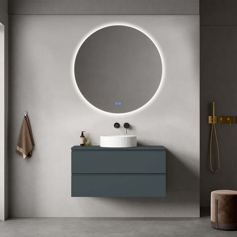 Mobile bagno sospeso 100 cm Blu Mare per Lavabo d'appoggio Specchio Tondo Retroilluminato - Fiji Paint Top
