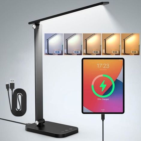 Lampe de Bureau LED, Lampe Bureau san fil Noir 6W ,avec 5 Modes de Couleur et Dimmable Luminosité, Protection des Yeu Lumiere USB