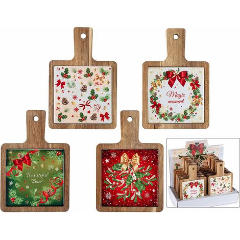 Taglieri natalizi in legno di acacia e ceramica con manico e decori natalizi. Adatti al contatto alimentare, set da 12 pezzi, cm 12 x 18 H
