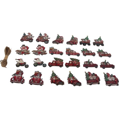 Lot de 24 ornements en bois pour Noël, tranches de bois suspendues avec motif camion rouge, décoration pour sapin de Noël