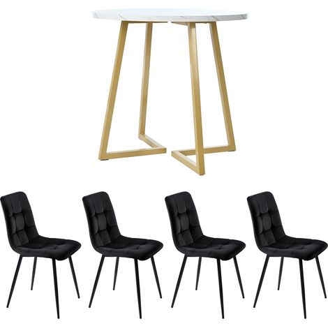 Ensemble table à manger 5 pièces, ensemble table à manger moderne avec 4 chaises, ensemble table de cuisine, table ronde de cuisine de 80 cm de diamètre avec pieds en métal dorés, plateau en MDF blanc (1/5)