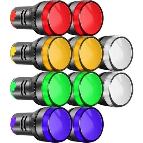 10Pcs 22mm Indicateur Lumineux 220-380VAC LED Montage sur Panneau Encastré (Rouge/Vert/Bleu/Orange/Blanc, Chaque Couleur 2pcs) (1/4)