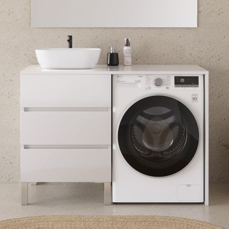Meuble lave linge 124cm avec plateau et vasque arrondie - sans miroir - 3 tiroirs - blanc - CRUZ (1/5)
