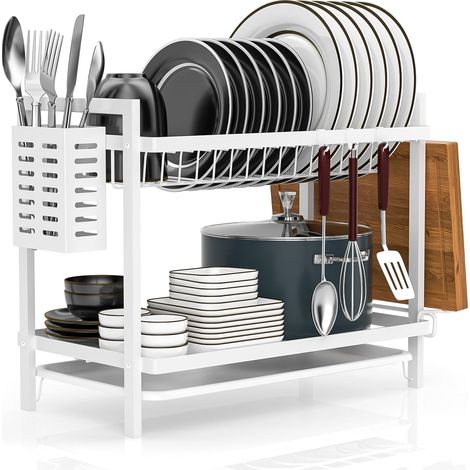 Egoutoire Vaisselle Cuisine Blanc à 2 Niveaux avec Égouttoir Support pour Couverts Planche À Découper sur Évier Égouttoir À Vaisselle (1/5)