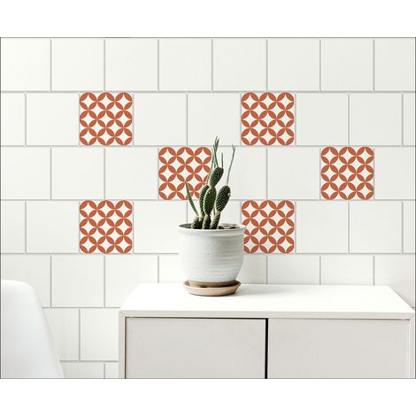 Sticker carrelage adhésif décoratif losanges blancs et ronds orange, 15 cm X 15 cm, 6 pièces, style céramique. (1/3)