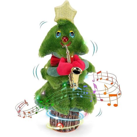 Sapin de Noël en peluche chantant et dansant avec musique et lumières - Peluche électrique en peluche - Décoration musicale avec saxophone et balancement - 35,5 cm (14 po) (1/5)