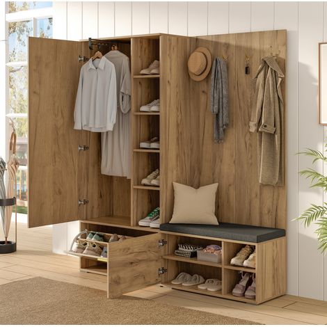 Set guardaroba ingresso con specchio, scarpiera e panca, 160 x 38 x 180 cm, nero e naturale, OKWISH (1/5)