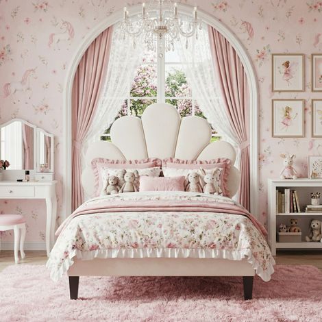 Lit Enfant 90x200cm Lit Simple Capitonné Princesse avec Tête de Lit Coquillage Réglable en Hauteur Sommier à Lattes Tissu Velours Beige